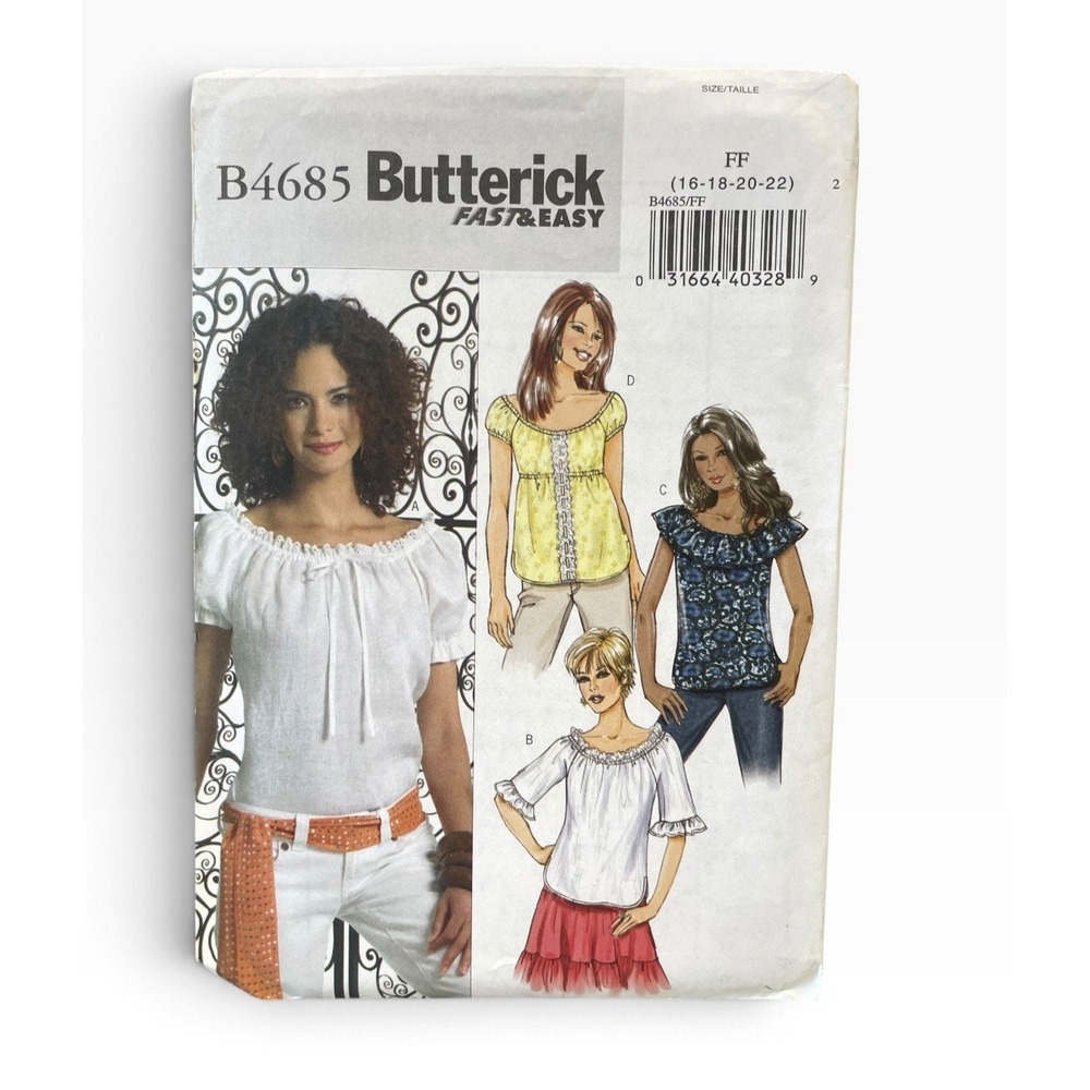 Butterick B4685 Sewing Pattern Misses Size 16-22 Fast Easy Peasant Top Blouse